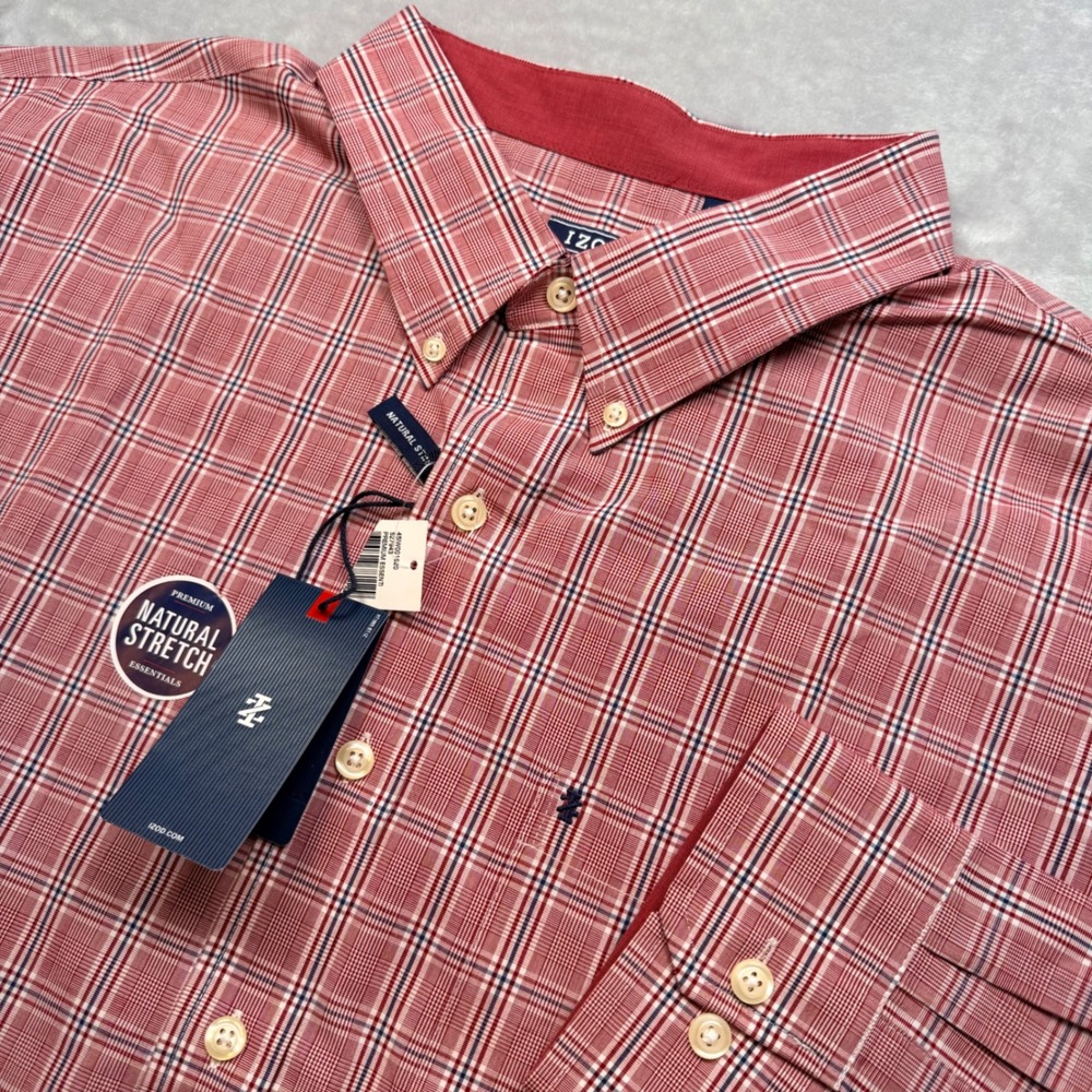 IZOD Big & Tall Plaid Button Down Shirt Red 3XL Natural Stretch Preppy Work